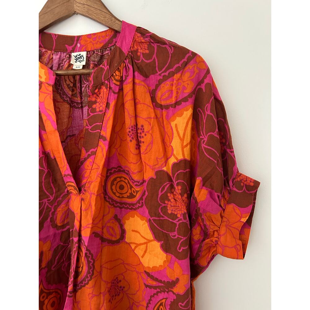 Ivy Jane Pink Orange Floral Bold Paisley V Neck Blouse Cotton Blend EUC S/M - Picture 3 of 10